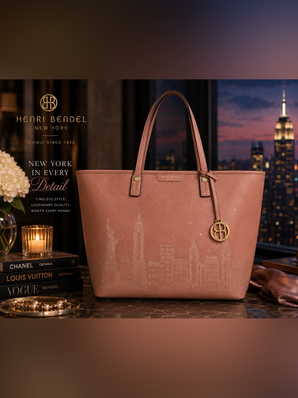Henri Bendel Mahogany Rose West 57th Skyline Tote Saffiano Leather Tote